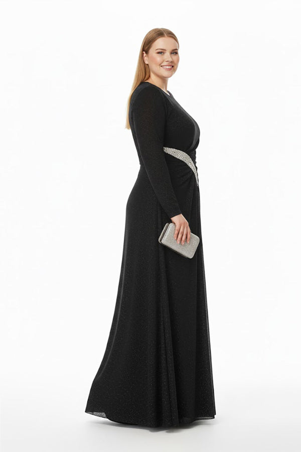 Plus - Size Avondjurk Met Steendetail In De Taille, Lange Mouwen — Zwart