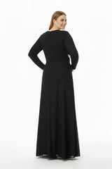 Große Größen Abendkleid, Steinbesetzte Taille, Lange Ärmel — Schwarz
