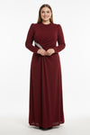 Plus‑Size Avondjurk Met Steenversiering In De Taille, Lange Mouwen — Bordeaux