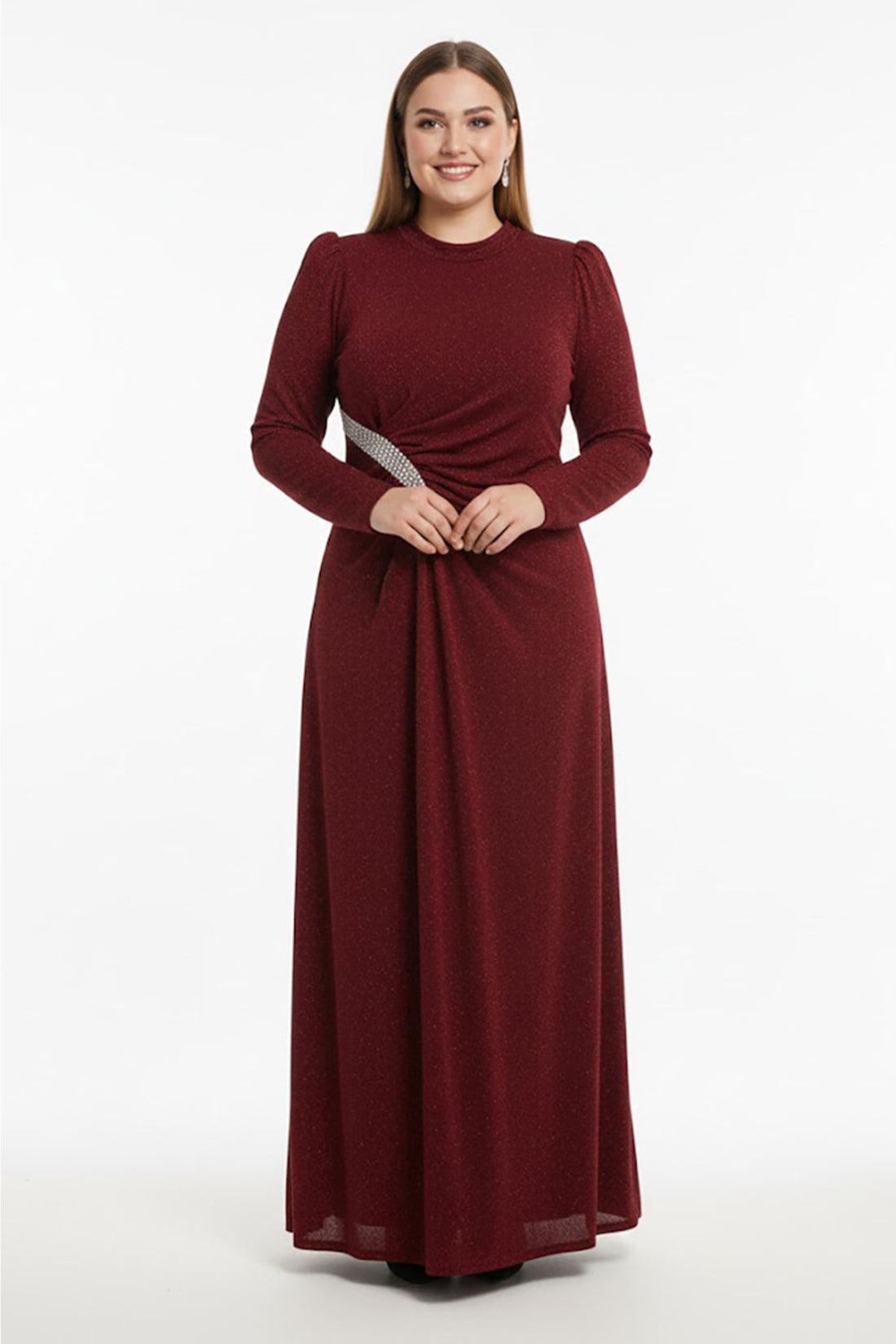 Plus‑Size Avondjurk Met Steenversiering In De Taille, Lange Mouwen — Bordeaux