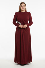 Plus‑Size Avondjurk Met Steenversiering In De Taille, Lange Mouwen — Bordeaux