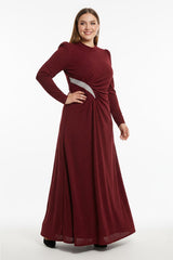 Plus‑Size Avondjurk Met Steenversiering In De Taille, Lange Mouwen — Bordeaux