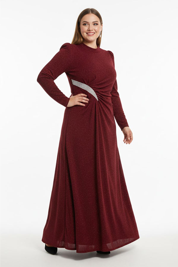 Plus‑Size Avondjurk Met Steenversiering In De Taille, Lange Mouwen — Bordeaux