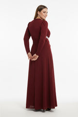 Plus‑Size Avondjurk Met Steenversiering In De Taille, Lange Mouwen — Bordeaux