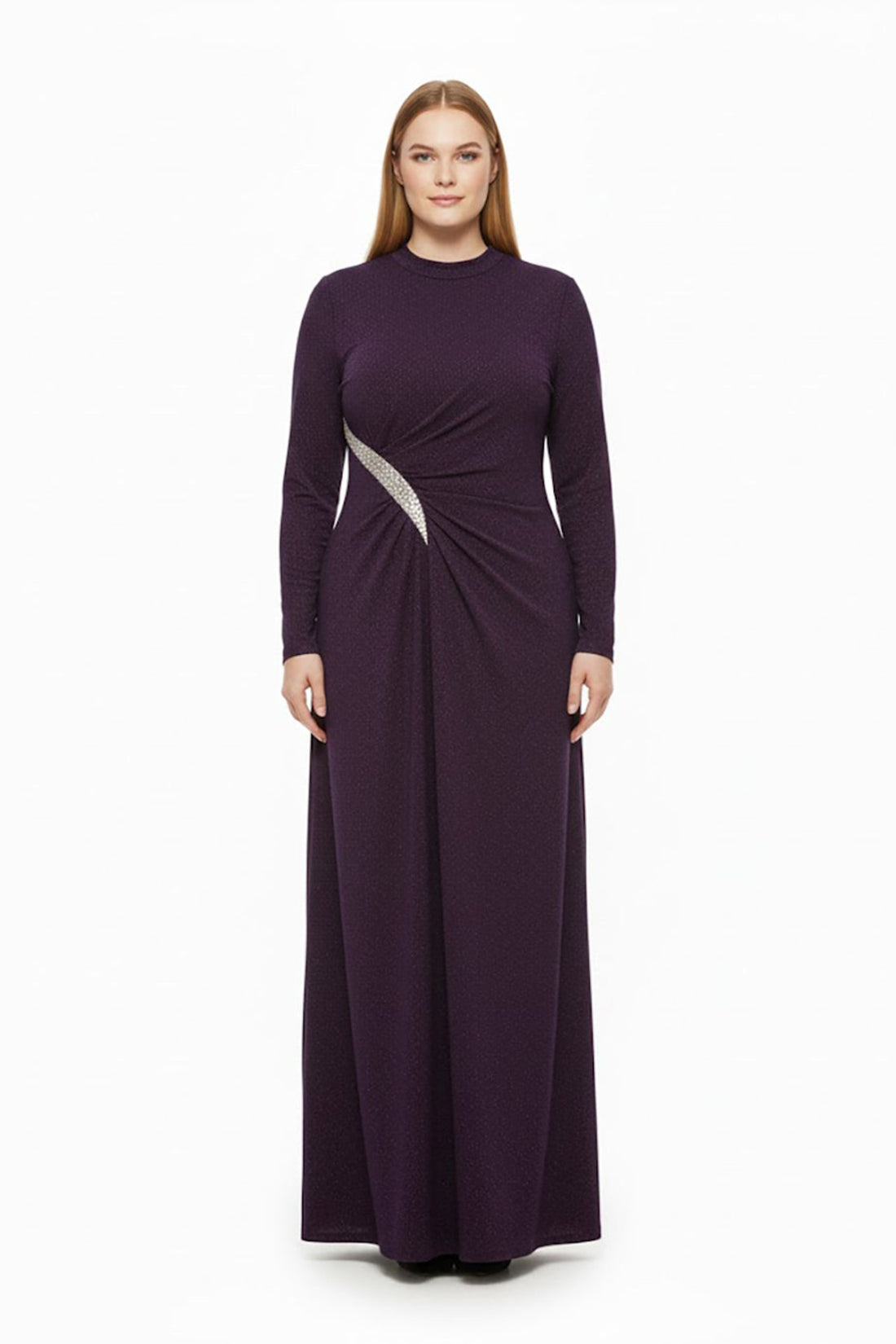 Plus‑Size Avondjurk Met Steenversiering In De Taille, Lange Mouwen — Paars