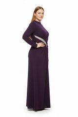 Plus‑Size Avondjurk Met Steenversiering In De Taille, Lange Mouwen — Paars