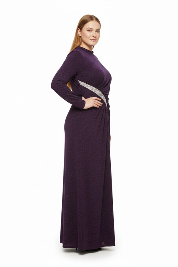 Plus‑Size Avondjurk Met Steenversiering In De Taille, Lange Mouwen — Paars
