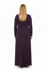 Plus‑Size Avondjurk Met Steenversiering In De Taille, Lange Mouwen — Paars