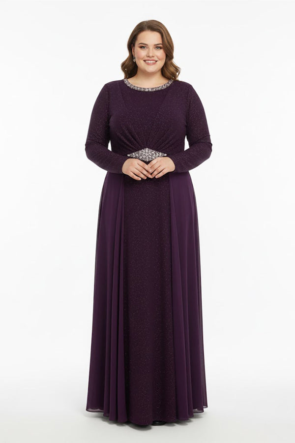 Plus - Size Avondjurk Met Ronde Hals En Steentjes — Paars