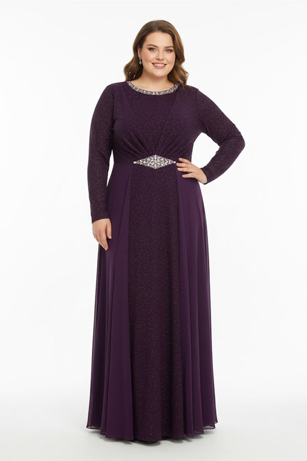 Plus - Size Avondjurk Met Ronde Hals En Steentjes — Paars