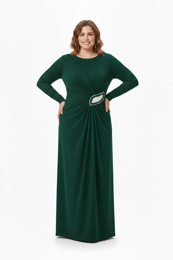 Plusmaat Avondjurk Met Lange Mouwen En Sierdetails In De Taille — Groen