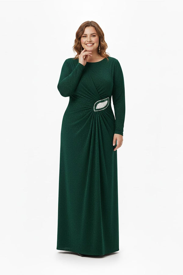 Plusmaat Avondjurk Met Lange Mouwen En Sierdetails In De Taille — Groen