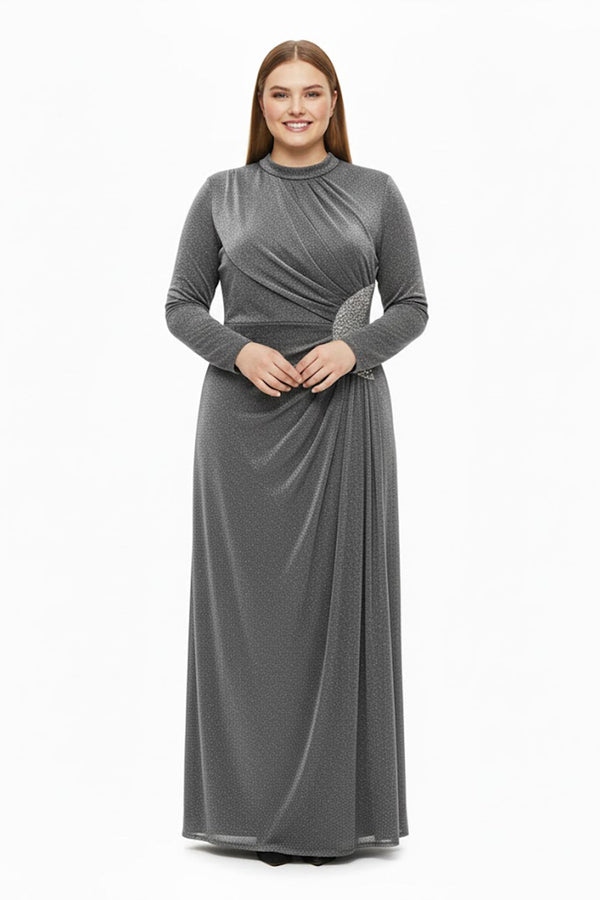 Plus‑Size Avondjurk Lange Mouw Met Stenen In De Taille — Grijs