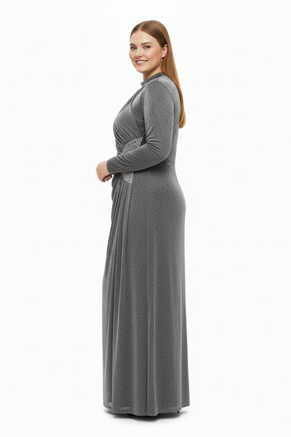 Plus‑Size Avondjurk Lange Mouw Met Stenen In De Taille — Grijs