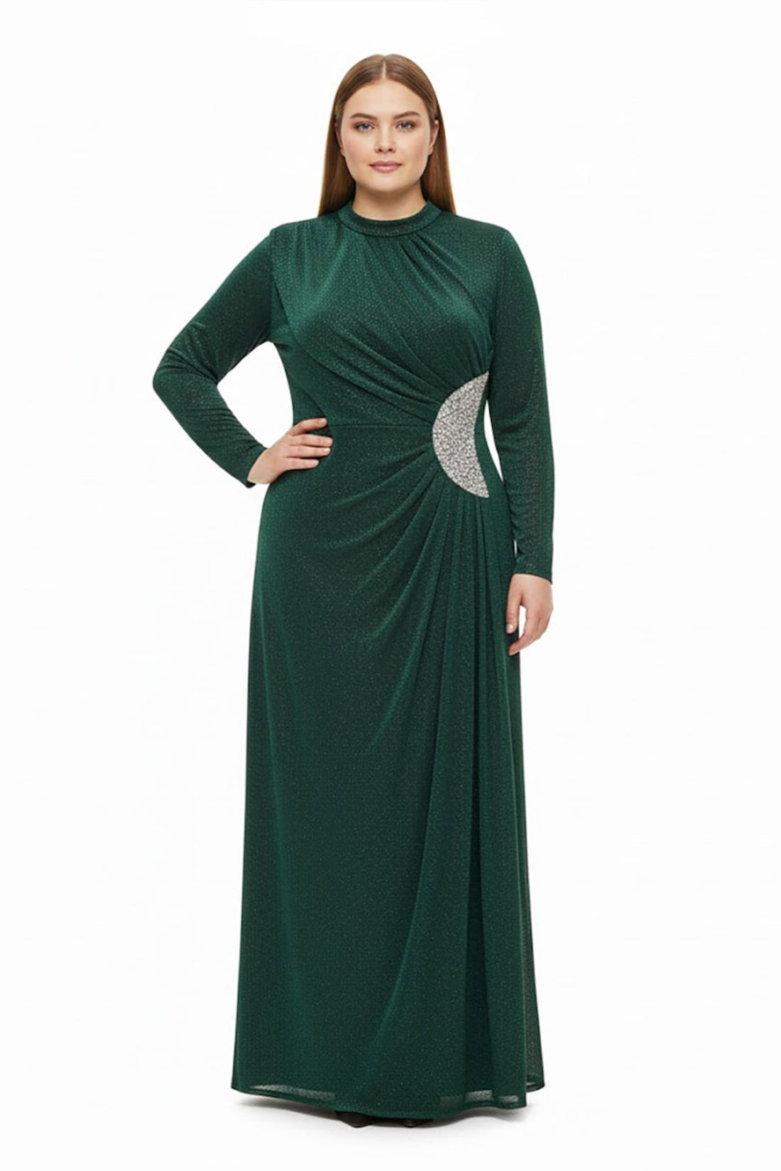 Plus‑Size Avondjurk Lange Mouw Met Stenen In De Taille — Groen