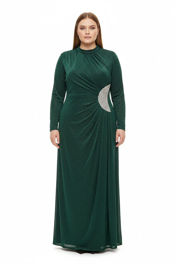 Plus‑Size Avondjurk Lange Mouw Met Stenen In De Taille — Groen