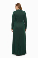 Plus‑Size Avondjurk Lange Mouw Met Stenen In De Taille — Groen