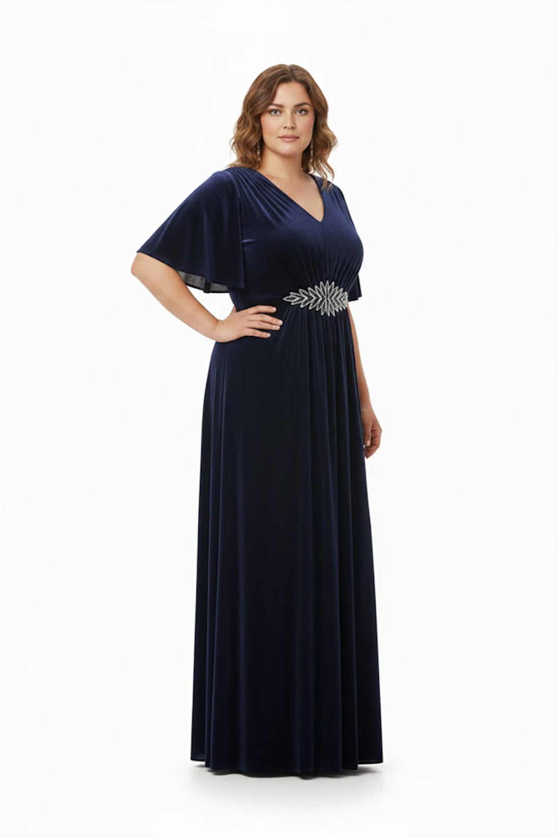 Plus‑Size Avondjurk Korte Mouw Met Stenen In De Taille — Marineblauw