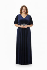 Plus‑Size Avondjurk Korte Mouw Met Stenen In De Taille — Marineblauw
