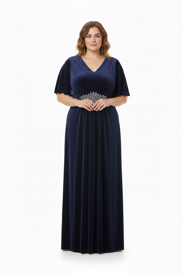Kurzarm‑Abendkleid In Großen Größen Mit Taillen‑Steindetail — Marineblau