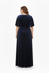 Plus‑Size Avondjurk Korte Mouw Met Stenen In De Taille — Marineblauw