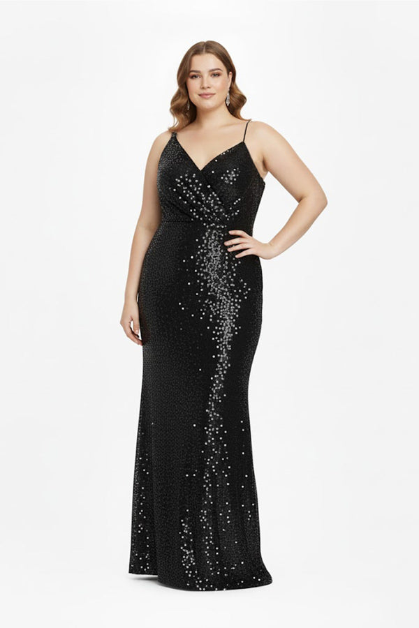 Plus - Size One - Shoulder Pailletten Fluwelen Jurk - Zwart