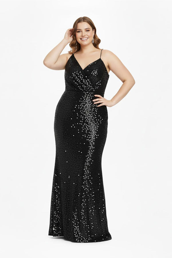 Plus - Size One - Shoulder Pailletten Fluwelen Jurk - Zwart