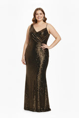 Plus - Size Schulterfreies Pailletten - Samtkleid – Gelb