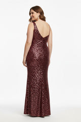 One‑Shoulder Samt‑Abendkleid Mit Pailletten — Burgunder