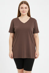Oversized V - Hals T - Shirt — Bruin (Plusmaat)