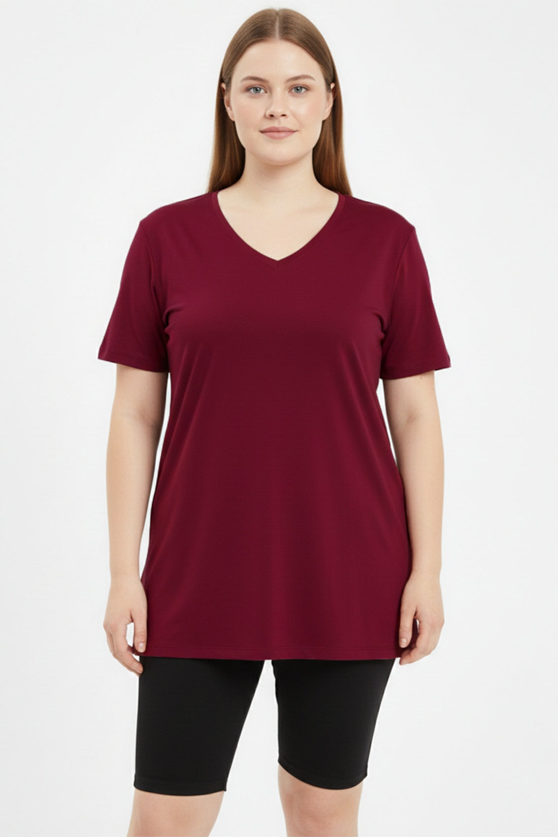 Oversized T - Shirt Met V - Hals, Grote Maten, Bordeaux