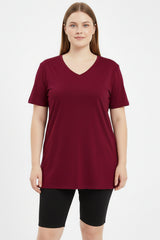 Oversized T - Shirt Met V - Hals, Grote Maten, Bordeaux