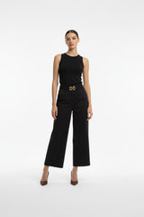Wijde Pantalon Met Voorplooien En Gesp — Zwart