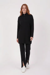 Ribgebreid Tweedelig Set Met Halve Rits - Zwart