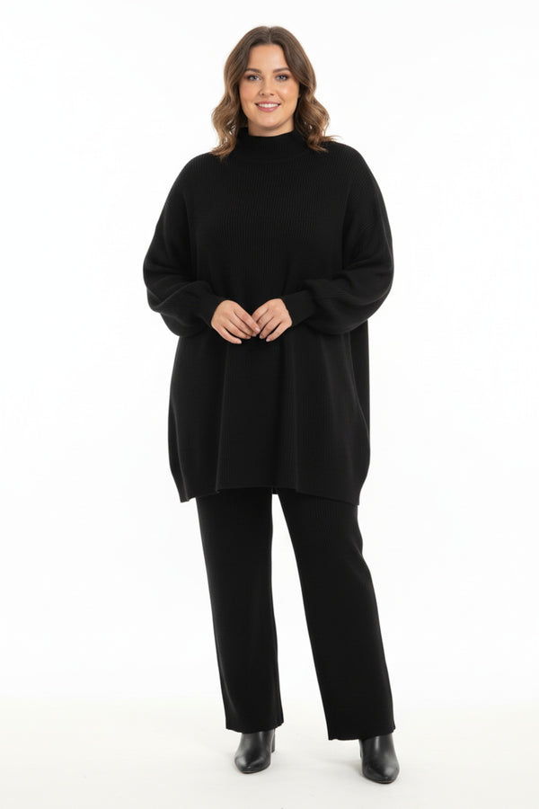 Dames Gebreid Tweedelig Set Met Manchetten – Zwart