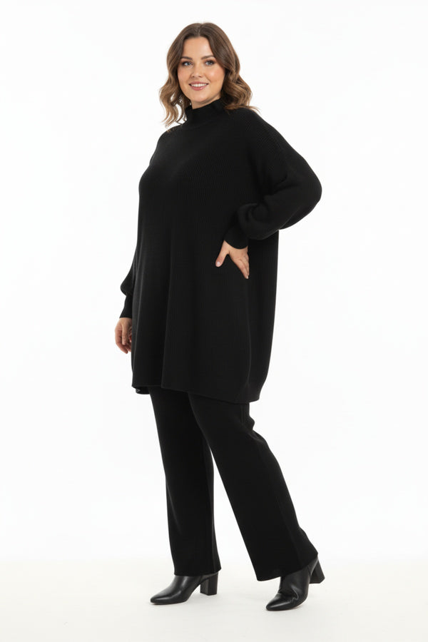 Dames Gebreid Tweedelig Set Met Manchetten – Zwart