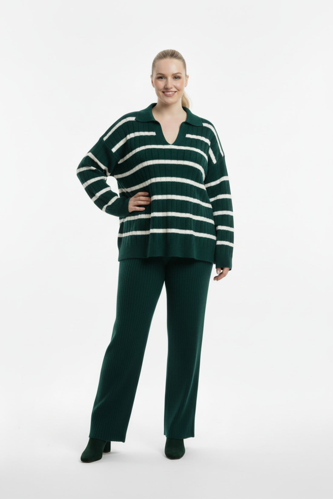 Collared Striped Knit Set — Emerald