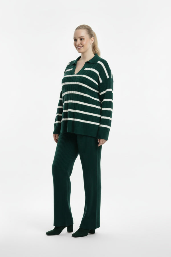 Collared Striped Knit Set — Emerald