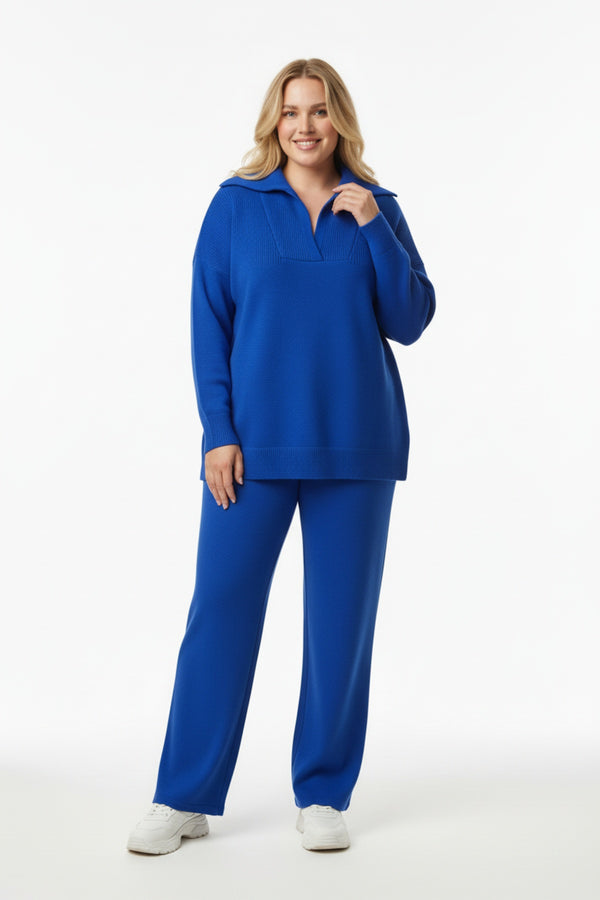 Collared Knit Two‑Piece Set — Royal Blue