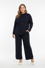 Gebreid Set Met Voornaad En Pijpsplit – Marineblauw