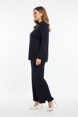 Gebreid Set Met Voornaad En Pijpsplit – Marineblauw