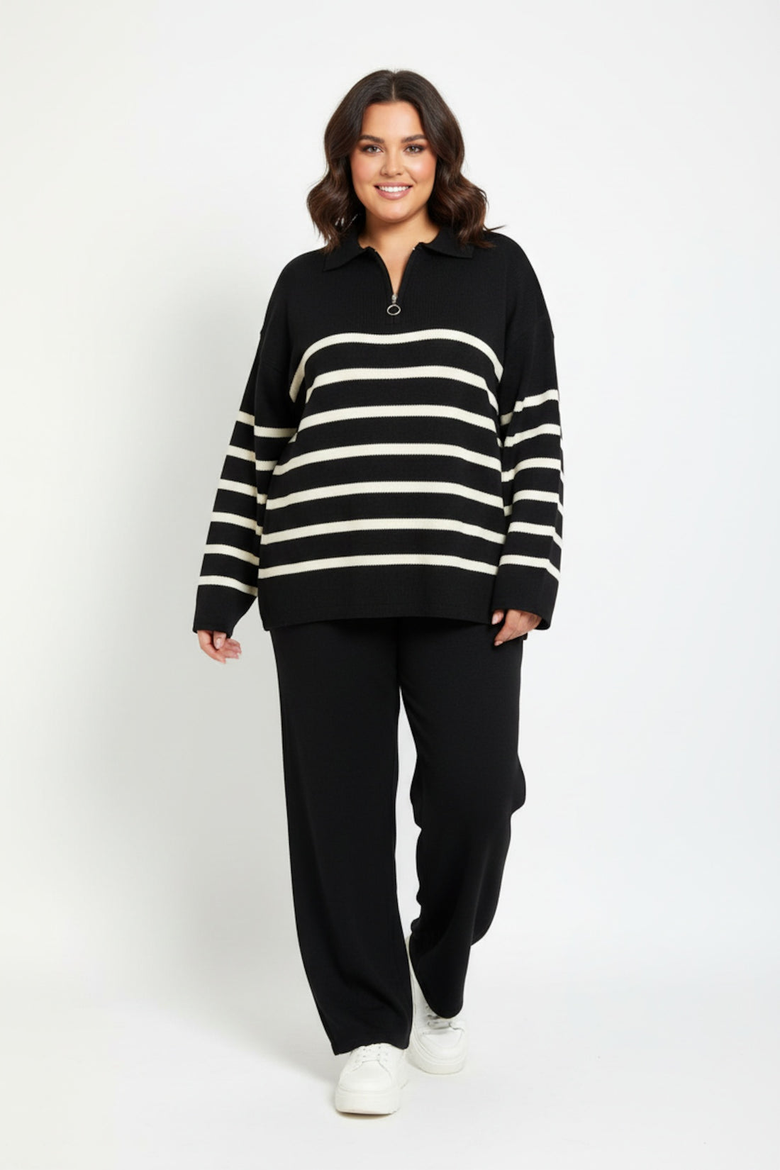 Damen Strickset Mit Halbem Reißverschluss – Schwarz