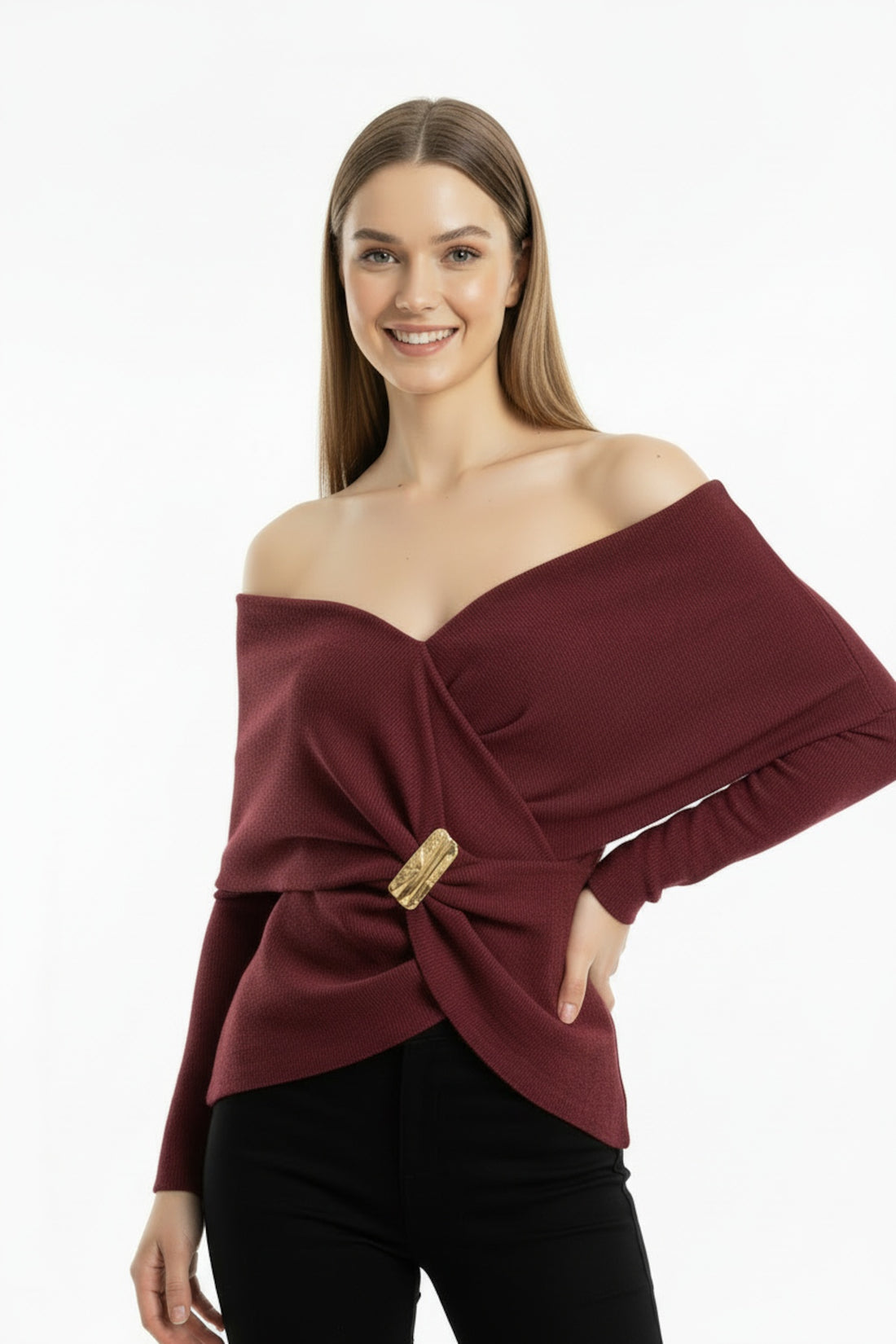 Bordeaux Sjaalkraagblouse Met Goudkleurig Detail