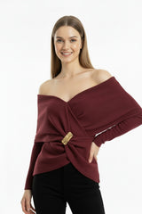 Bordeaux Sjaalkraagblouse Met Goudkleurig Detail