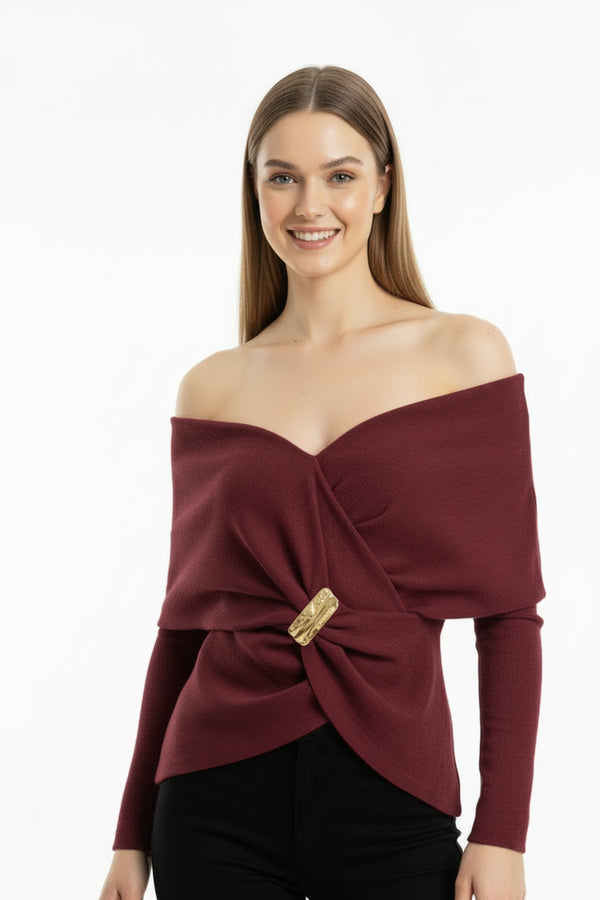 Bordeaux Sjaalkraagblouse Met Goudkleurig Detail
