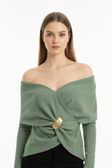 Glamour Blouse Met Sjaalkraag En Accessoiredetail — Lichtgroen