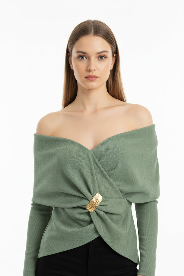 Glamour Blouse Met Sjaalkraag En Accessoiredetail — Lichtgroen