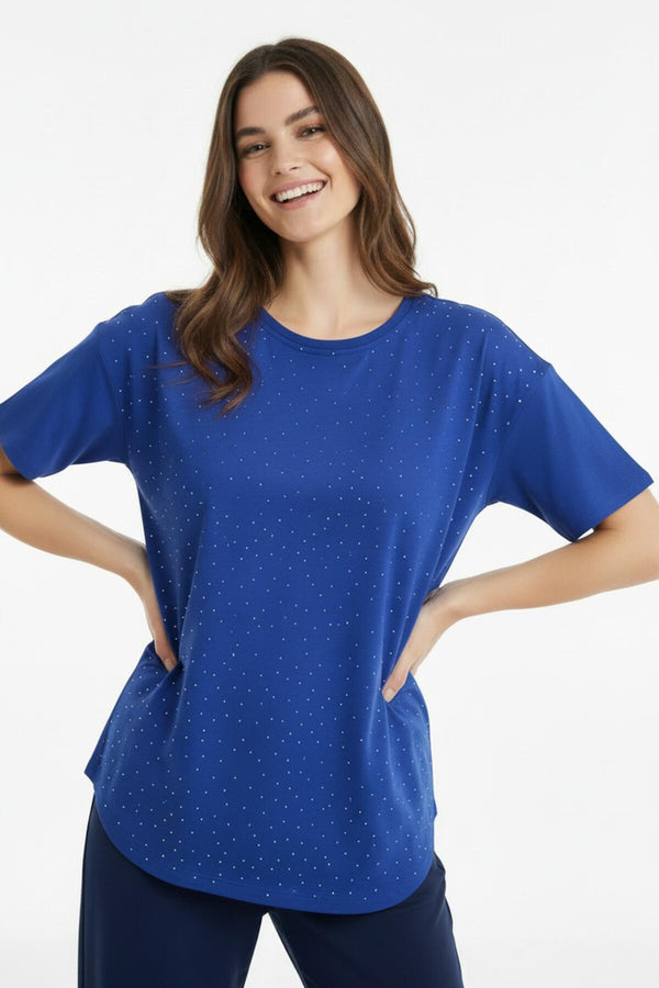 T‑Shirt Met Afgeronde Zoom En Steentjes — Donkerblauw