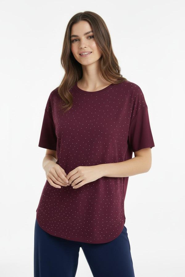 Dames T‑Shirt Met Ovalen Zoom En Siersteentjes — Bordeaux