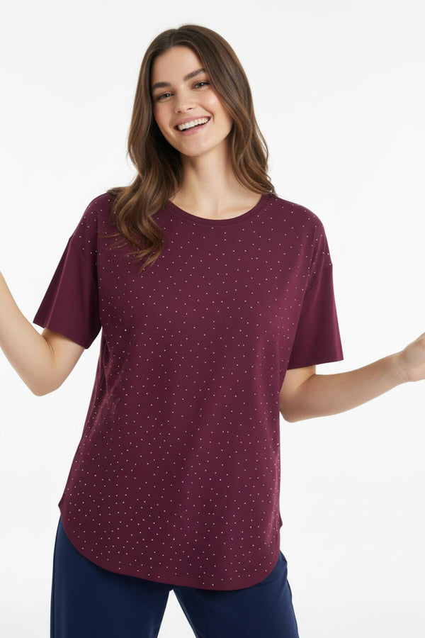 Dames T‑Shirt Met Ovalen Zoom En Siersteentjes — Bordeaux